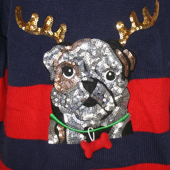 HOLIDAY TIME Sweater Bulldog Moose Knit Christmas Ugly Sequin Antler Stripe Red - Picture 2 of 11
